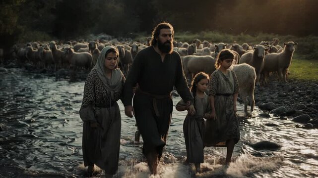Biblical family led by Jacob crossing a river with a flock of sheep. Historical journey and migration scene in a river stream. Old Testament flight concept