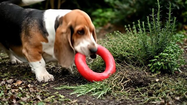Basset hound dog sniffing red toy ring outdoors near herbs, greenery.