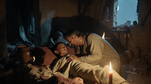 Death of the firstborn son during the tenth plague of Egypt. Grieving father mourning his child at night by candlelight. Biblical Exodus concept
