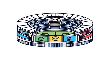 Obraz premium Isometric illustration of a stadium. This image has seating levels, colorful sections and exterior architectural features with a white background