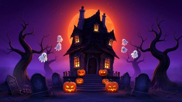 Spooky haunted house animated video with pumpkins,ghosts,graveyard and full moon on halloween night in cartoon style