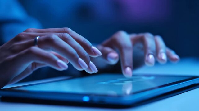 Woman using tablet with finger touching screen, technology, digital tablet concept.