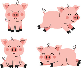 Cute pig cartoon character set with funny poses, smiling farm animal illustrations, kawaii piglet design, and playful vector mascots © sumi