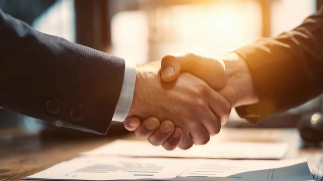 Close up business handshake over financial documents with warm sunlight in office