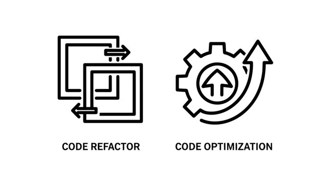 Software Development Icons: Code Refactoring and Optimization with Arrows and Gear Symbol