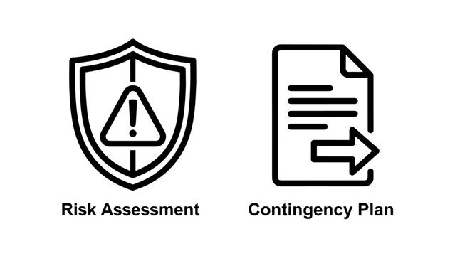 Risk assessment shield with warning triangle, contingency plan document with forward arrow for business strategy icons