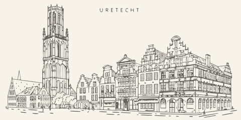 Sketch of the dom tower and historic buildings in utrecht netherlands © Kopil