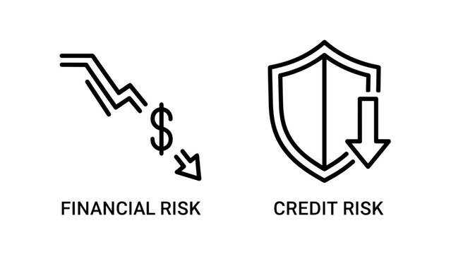 Financial icons depicting risk, with a descending graph and dollar sign for financial risk and a shield with a downward arrow for credit risk.