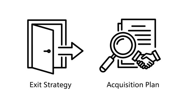 Business strategy icons showing an open door with an arrow for an exit strategy, and a magnifying glass over a handshake for acquisition plan.