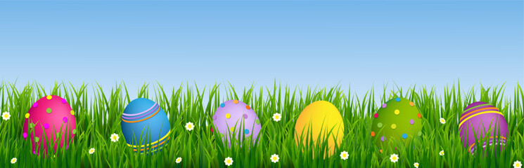 Fototapeta premium Happy Easter Border With Flower And Eggs