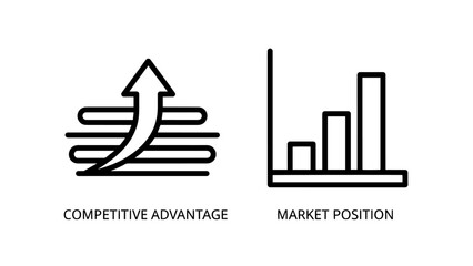 Obraz premium Competitive advantage and market position bar chart icons, representing business strategy, growth, and market analysis in a clean vector style.