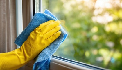 Professional Cleaning Service: Women In Yellow Gloves Cleaning Windows And Plastic Frames In Homes And Offices