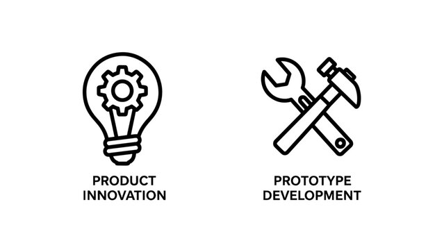Product innovation lightbulb icon with gear, alongside prototype development tools like wrench and hammer for creation and building.