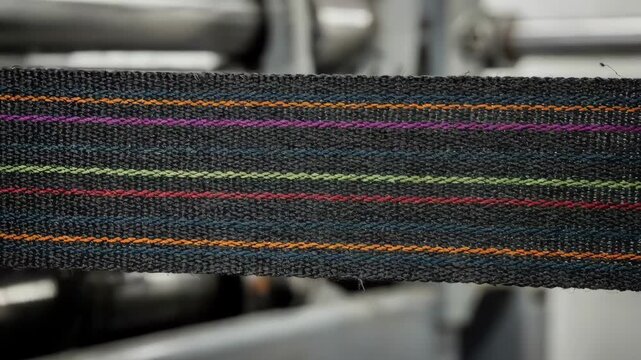 Closeup medium shot capturing tracer stripe patterns on highstrength seatbelt webbing produced on robust looms emphasizing color contrast and precision in automotive fabric