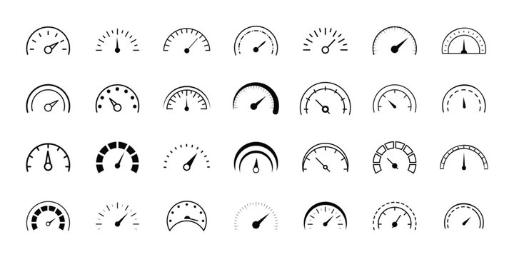 Speedometer Gauge Icon Set &ndash; Speed Meter, Dashboard Indicator and Performance Dial Vector Collection