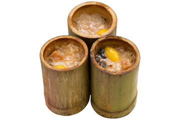 Grilled sticky rice in bamboo (khao lam) isolated on transparent background (PNG), traditional Thai dessert cooked inside bamboo tubes with coconut milk.