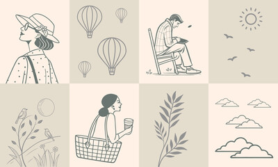 A collection of serene line art illustrations depicting travel, nature, and tranquil moments in a minimalist style