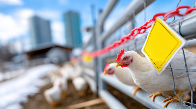 Poultry farm gate with biohazard warning sign and chickens for bird flu warning and farm safety poster or banner design