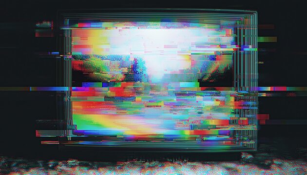 Pixelated And Glitched Screen With No Signal Message On The Tv Screen. The Image Is Distorted And Unclear.