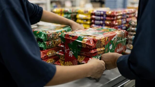 Medium shot of promotional wrap bands being wrapped around snack packs showcasing eyecatching designs and seasonal marketing themes in dynamic retail settings.