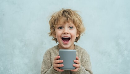 Smiling Caucasian Child Enjoys Music At Home While Holding A Wi-Fi Speaker. The Boy Looks Happy As He Listens To Music.
