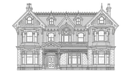 Fototapeta premium Detailed Victorian Queen Anne House Illustration: Ornate Architecture Line Art for Coloring & Design
