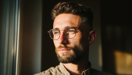 Young Caucasian Man Adult With Short Hair And Beard Wearing Shirt And Eyeglasses Poses For A Close-Up Portrait By The Window.