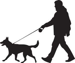 Man walking dog on leash silhouette on transparent background, pet owner and canine companion