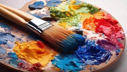Obraz premium Vibrant paint palette with brushes and colorful paint swirls.