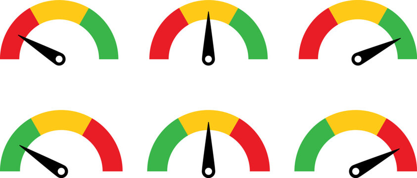 Six speedometer gauges with different needle positions