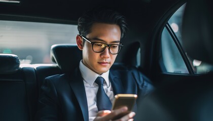 Asian Businessman Reads Messages Or Morning News On His Mobile Phone In A Car. Corporate Man And Lawyer On Their Way To Work. Close-Up Shot.