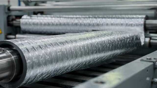 Medium shot capturing embossed aluminum foil being rolled in a factory emphasizing texture detail and sophisticated embossing technology.