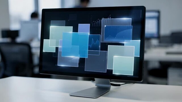 Medium shot capturing back office dashboard highlighting detailed viewing patterns on a sleek screen main data in sharp focus with outoffocus office environment.