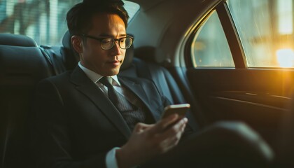 Asian Businessman In Car Reading Message Or News On Mobile Phone, Corporate Executive On The Way To Work, Close-Up Shot.