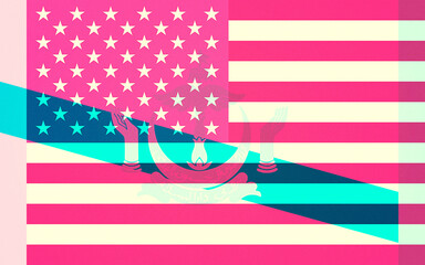 Naklejka premium Abstract Graphic Illustration Blending the American and Afghanistan National Flags with Symbolic Overlay in Vibrant Hues