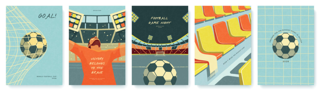 Set of football poster designs in flat artistic style with grainy texture featuring stadium, victorious player and soccer ball for World Cup 2026 promotion, vector illustration