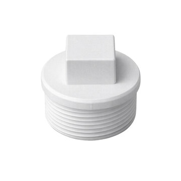 PVC clean-out plug isolated on transparent background. White square head drain pipe plug with precise external threads and matte finish for sealing cleanout openings.