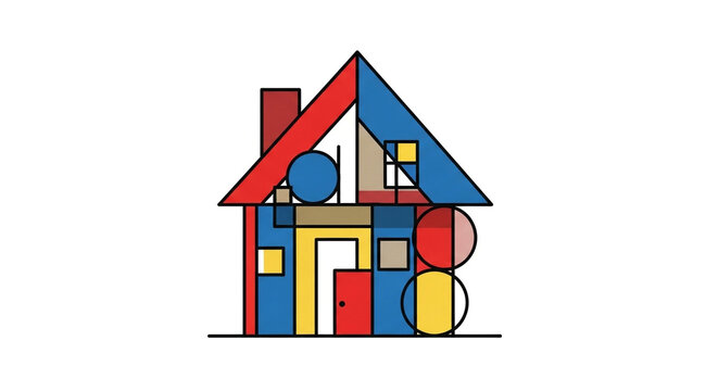 Modern De Stijl Inspired Geometric House Icon in Primary Colors on White Background