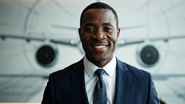 A smiling man in a suit stands in front of a blurry airplane graphic, looking directly at the viewer