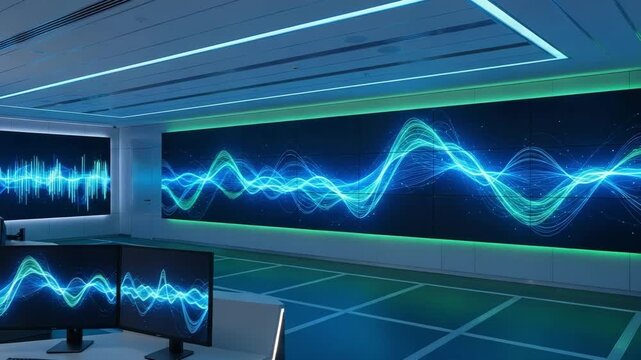 A futuristic control room displays dynamic wave patterns on large screens, ideal for technology and data visualization.