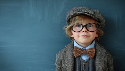 Adorable Student Dresses Up As Teacher In Front Of Blue Chalkboard, Capturing A Sweet And Playful Classroom Scene.