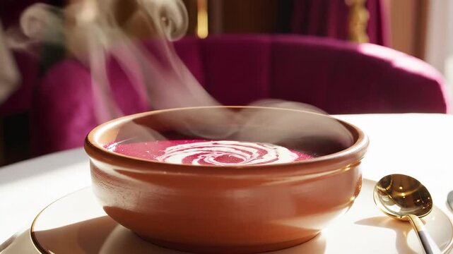 Steaming bowl of red beetroot soup with sour cream swirl. Traditional Ukrainian or Russian Borscht served in a restaurant.