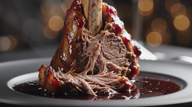 A fork pulls apart a tender, slow-cooked lamb shank. Close-up of a juicy, braised meat dish in a rich sauce. Gourmet restaurant meal with rising steam