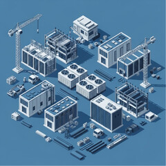 Obraz premium Isometric illustration of industrial buildings and construction equipment.
