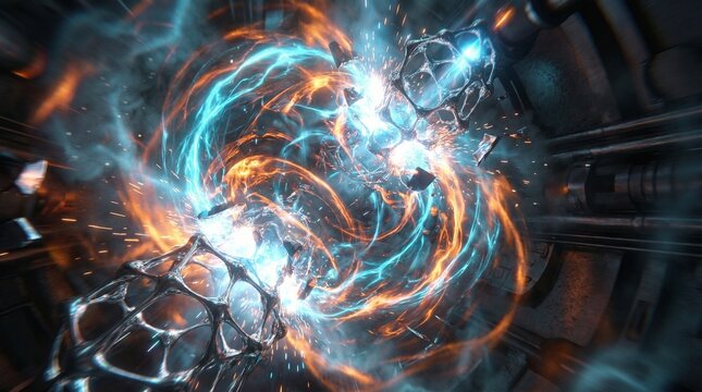 Quantum Lattice Breakdown and Kinetic Particle Collision. An intricate abstract 3D visualization depicting a metallic molecular lattice shattering under the immense pressure of a high-energy particle 