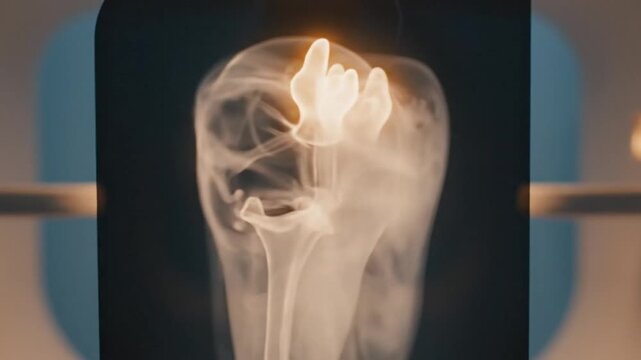 Radiant dental imaging view inside a modern diagnostic scanner showing a detailed molar x-ray