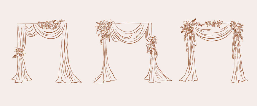 Vintage hand drawn Boho Chic wedding arch, arbor and chuppah set with flowers and flowing drapes. Whimsical retro drawings. Elegant romantic design.