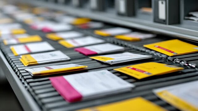 Medium shot of automated mail sorting robots efficiently organizing envelopes on a conveyor belt in a modern postal facility.