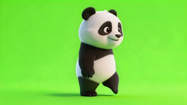 3D cute panda animation walking green screen cartoon