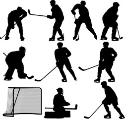 Fototapeta premium Set of black silhouette ice hockey elements including players, goalkeeper, goal net, and duel scenes isolated on white background. Collection for sports graphic design and team branding